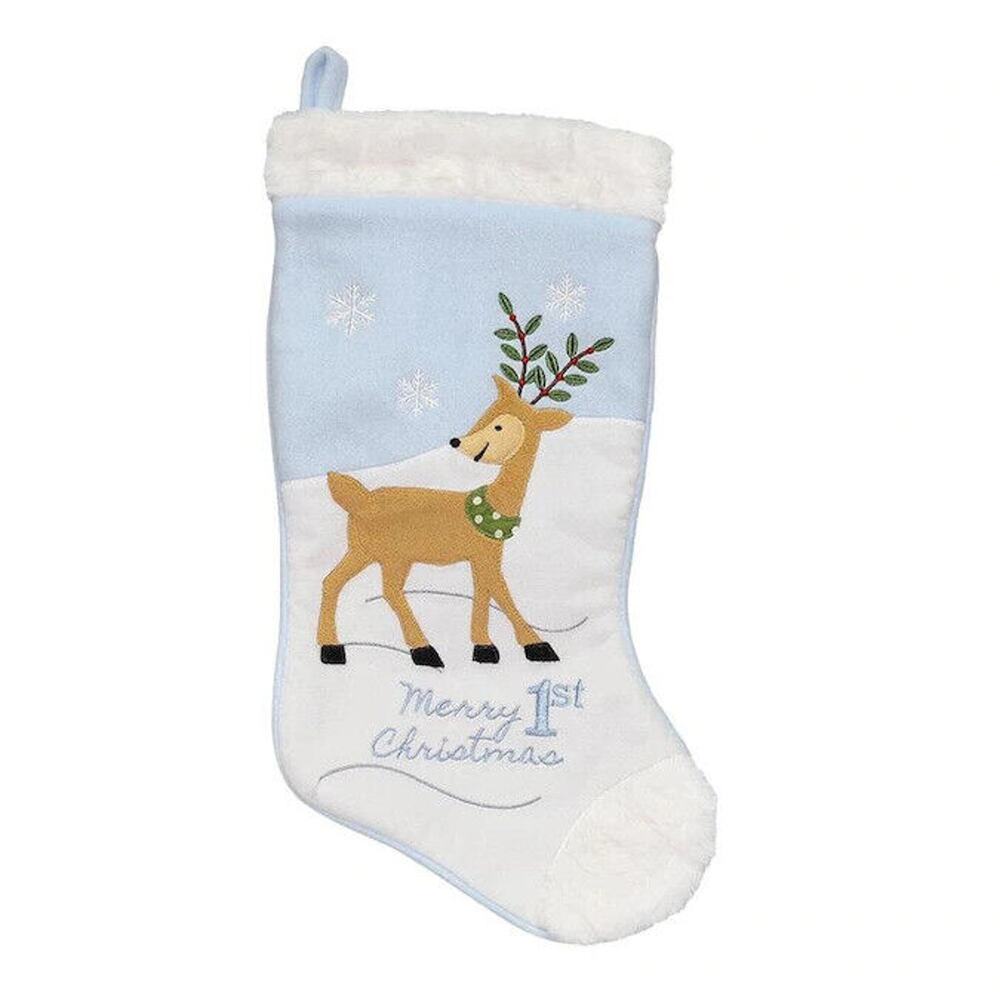 Holiday Living Blue Merry 1st Christmas Baby Deer 17" Velvet Christmas Stocking
